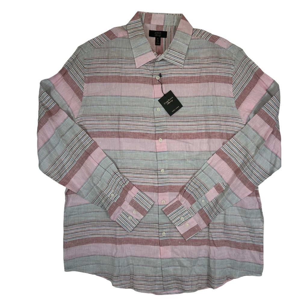 Club Room Luxury Men XL Pink Grey Striped 100% Linen Long Sleeve Button Down NWT
